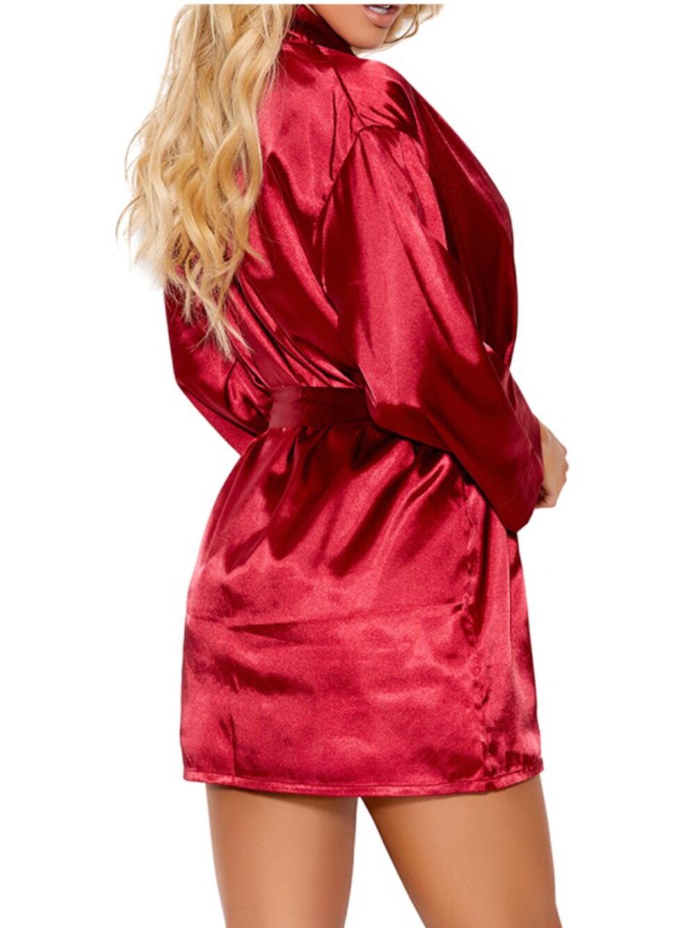 Burgundy Red Satin Charmeuse Kimono Robe 3/4 Sleeve Detachable Belt - Picture 2 of 8